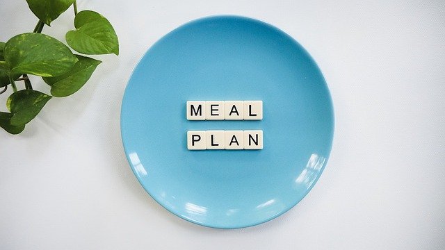 blu, plate, green leaves, black text, meal plan 