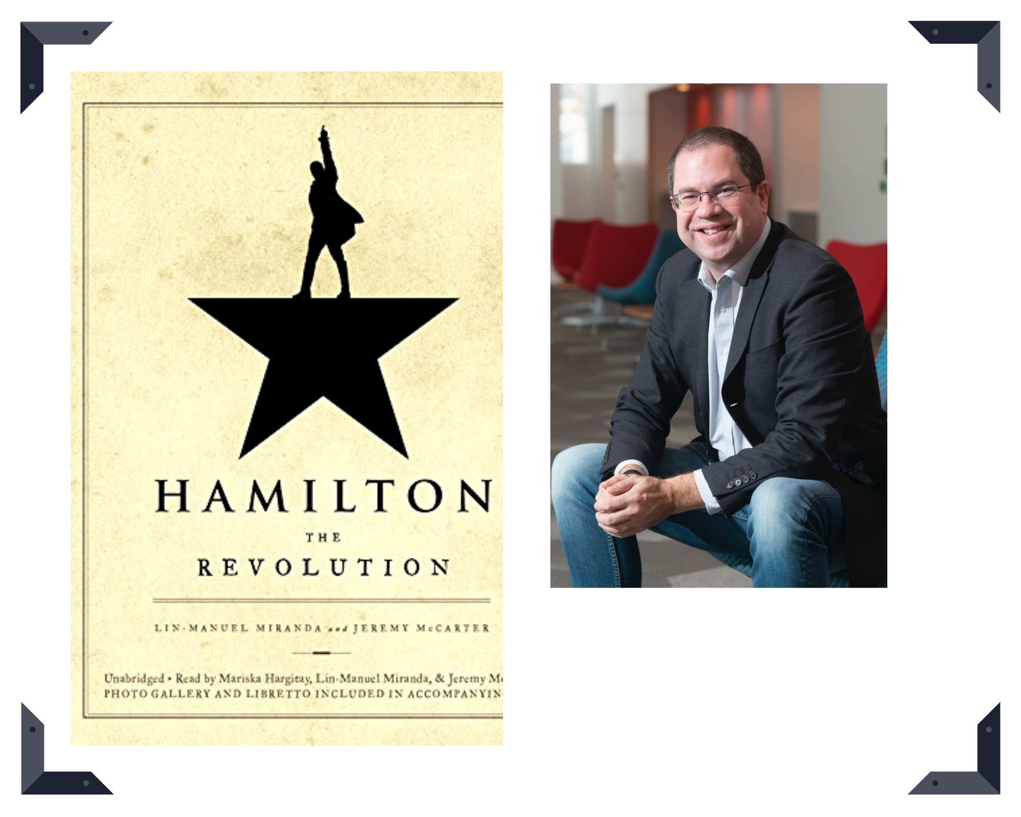 Hamilton logo. a black star on a golden background with the figure of a person standing on the star.