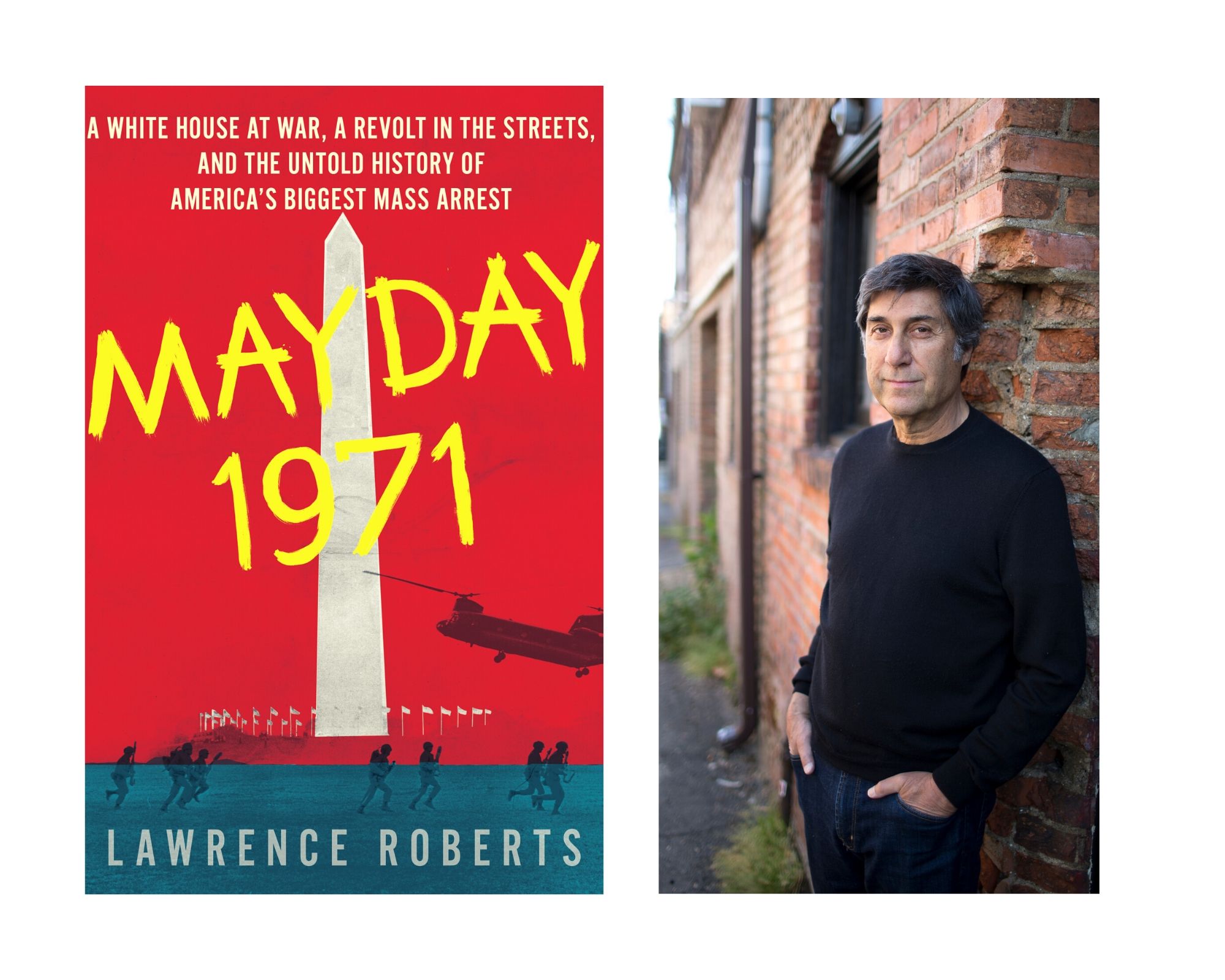 Red book cover with yellow lettering and washington monument standing upright in the middle of it. Image of writer wearing black clothes and leaning on a red brick wall.