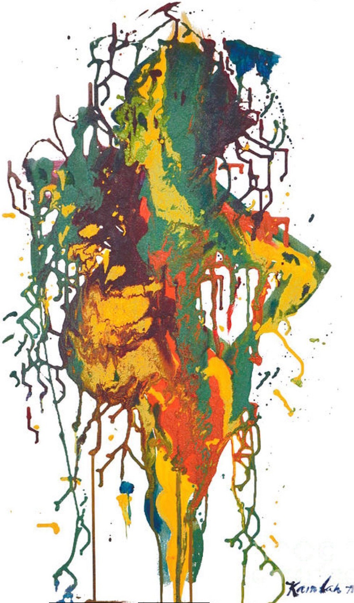 Multicolor splatter painted image of the body profile of a pregnant mother by the artist Kamilah House