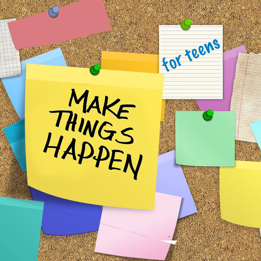 Sticky notes on cork board. One note says "Make Things Happen" 