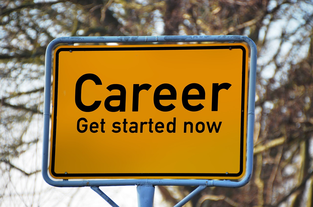 yellow road sign with black text that says Career get started now 