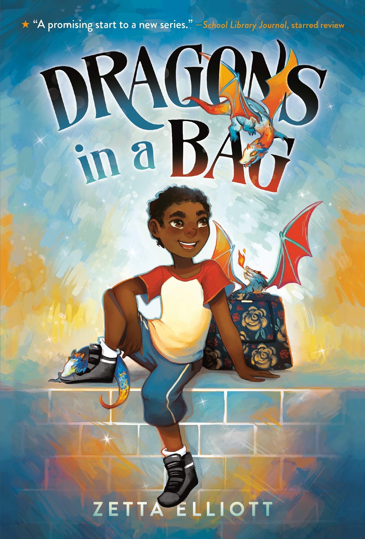 Cover of Dragons in a Bag, by Zetta Elliott, showing a boy with brown skin and black hair wearing a t-shirt, shorts, and sneakers, sitting next to a floral patterned handbag. A dragon is sitting on top of the bag, another behind the boy's shoe, and one is flying over his head where the title is written.