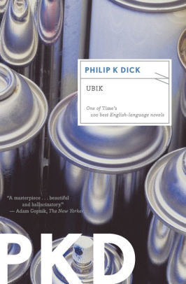 book cover of Ubik by Phiilip K. Dick, aerosol spray cans