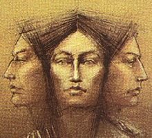 a pen drawing of three faces at right angle to each other, on an ochre background