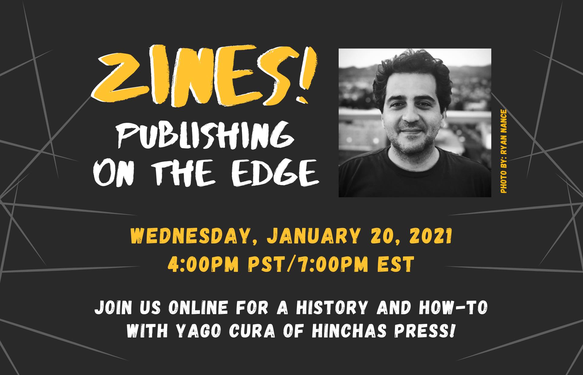 program title and photo of Yago Cura on a black and gray background