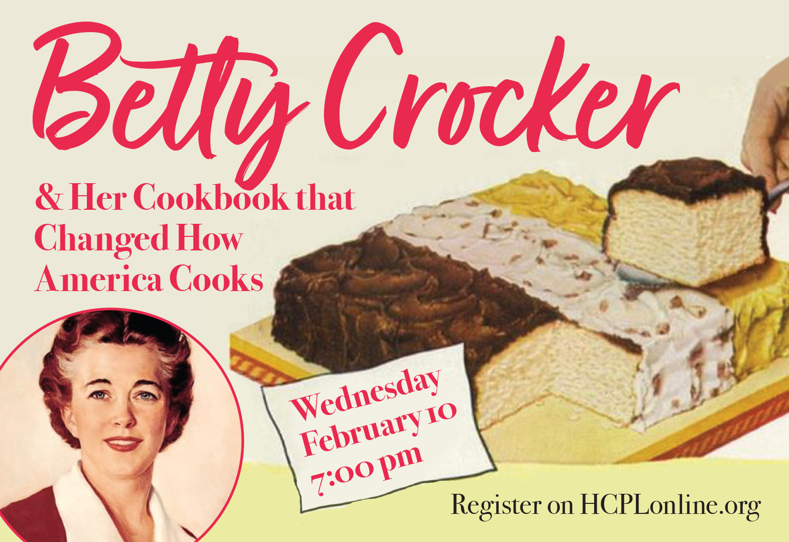 Vintage image of Betty Crocker inset over an illustration of a cake 