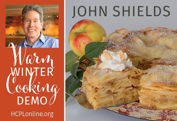 side by side image of john shields and and an apple crepe cake decorated with whipped cream and apples