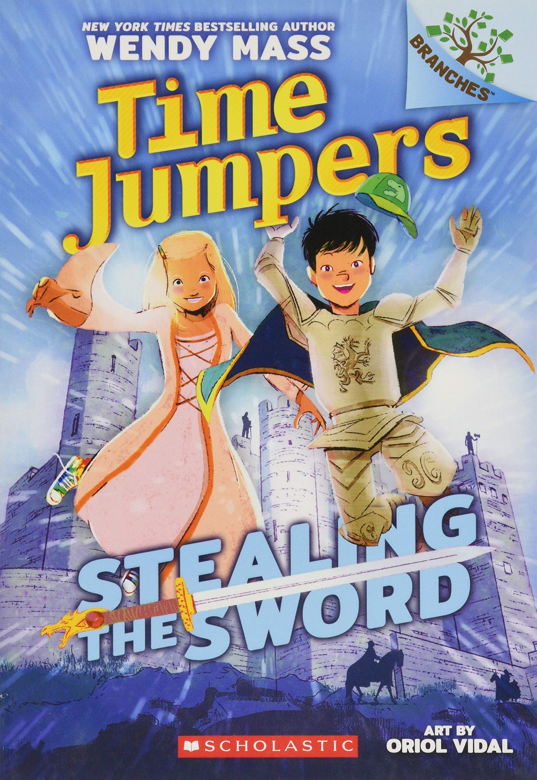 Cover of Stealing the Sword, by Wendy Mass. Shows two children with light skin in medieval dress jumping on a blue background with a castle. A sword is in the middle of the pale blue words Stealing the Sword, and the series title Time Jumpers is printed in yellow across the top.