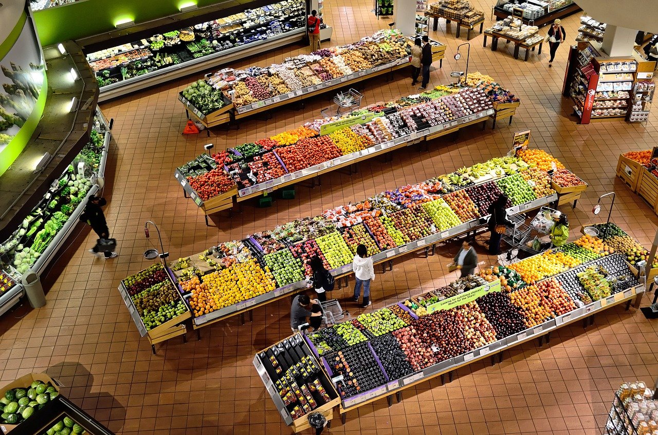 overhead high angle photograph of a supermarket produce section