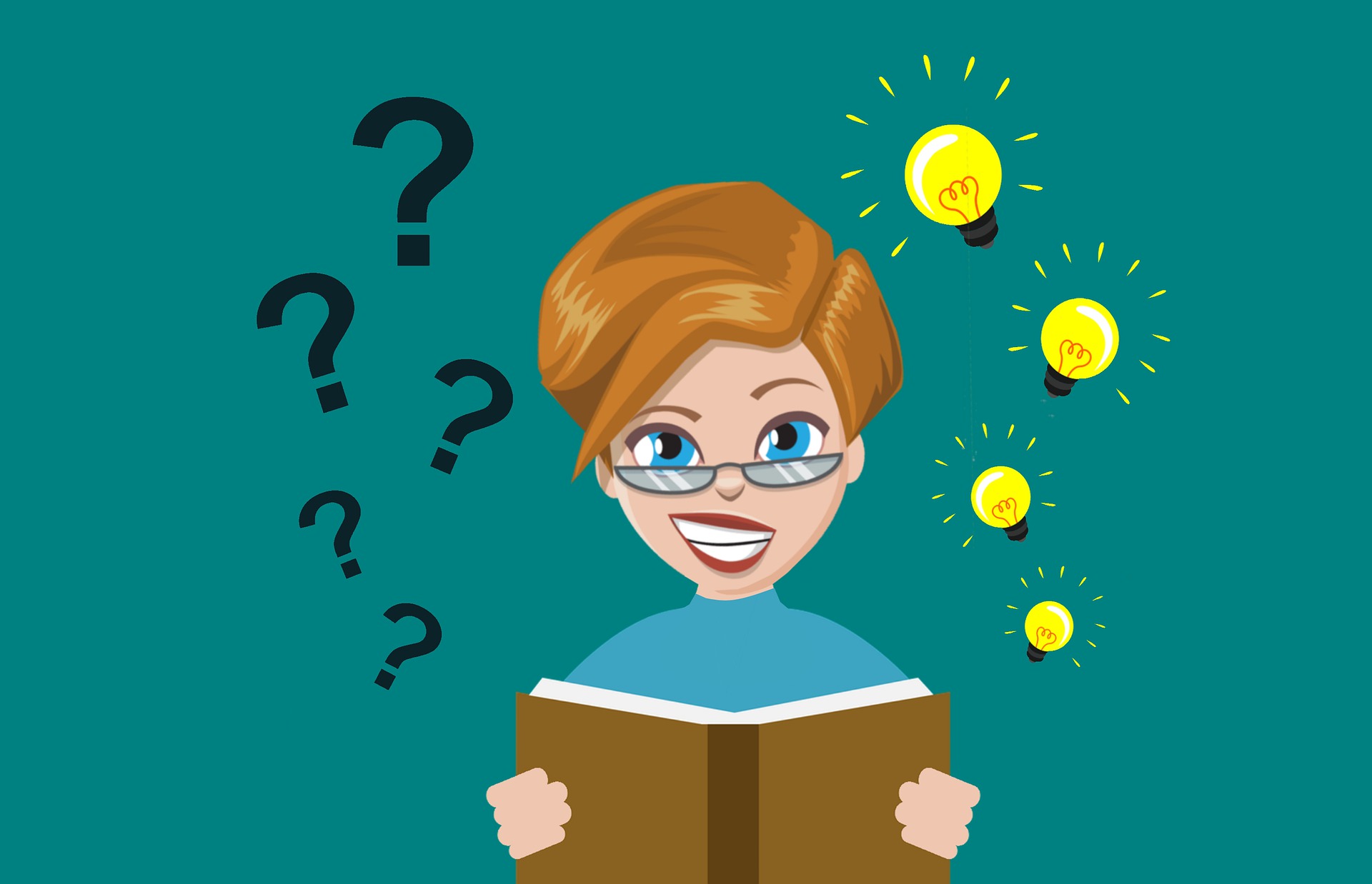 green background with a cartoon image of a woman holding an open book and question marks and light bulbs arouond her