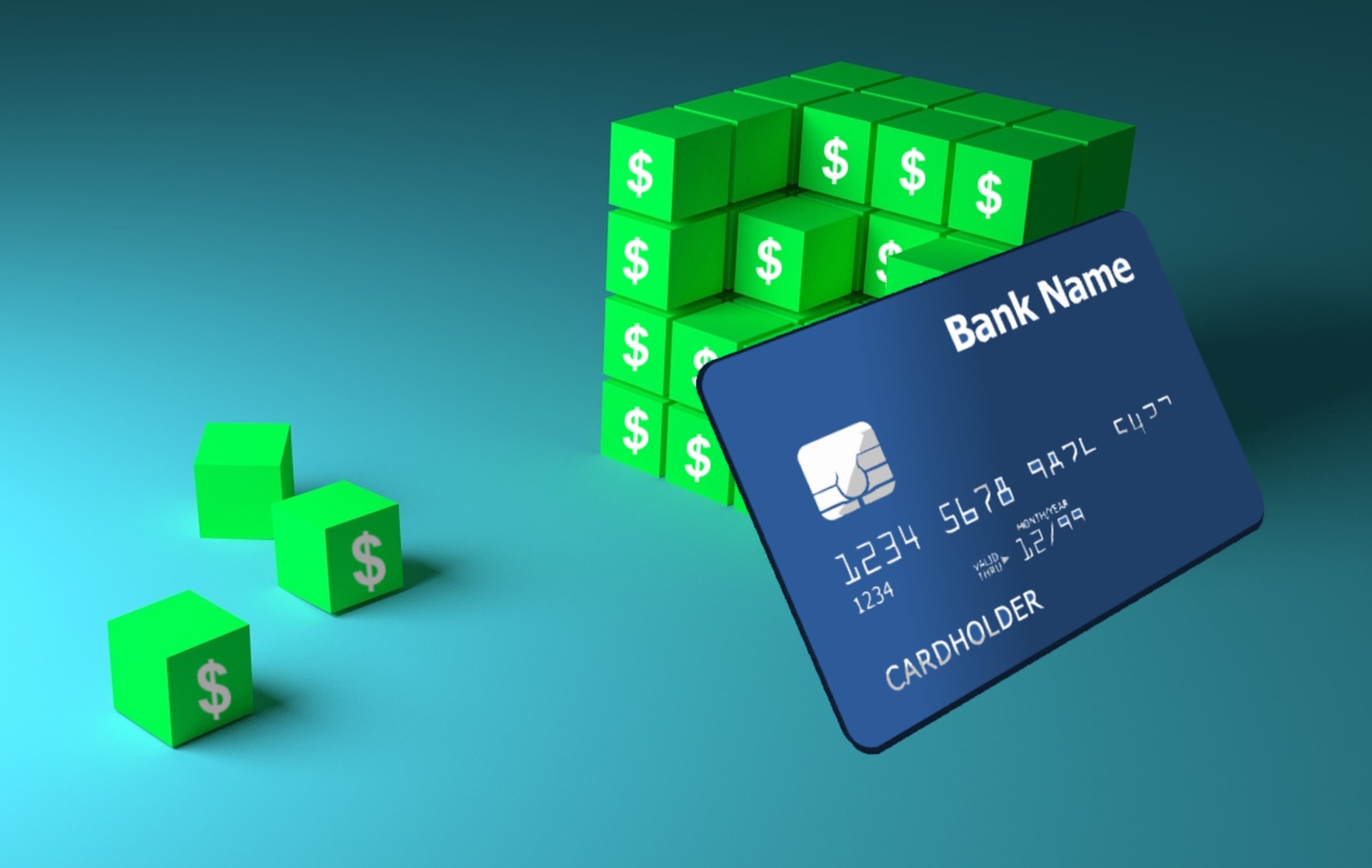 on a teal background, small green blocks prop up a blue bank credit card