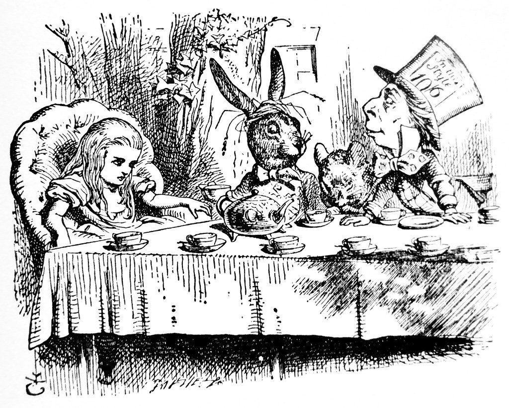 March Hare - The Dormouse - The Hatter from Pen Name Lewis Carrolls Alices Adventures in Wonderland 1865 and Through the Looking-Glass and What Alice Found There 1871 - illustration by Sir John Tenniel - English illustrator - graphic humorist and political cartoonist prominent in the second half of the 19th century - British humor story Alice in Wonderland surreal scenes written by Charles Lutwidge Dodgson