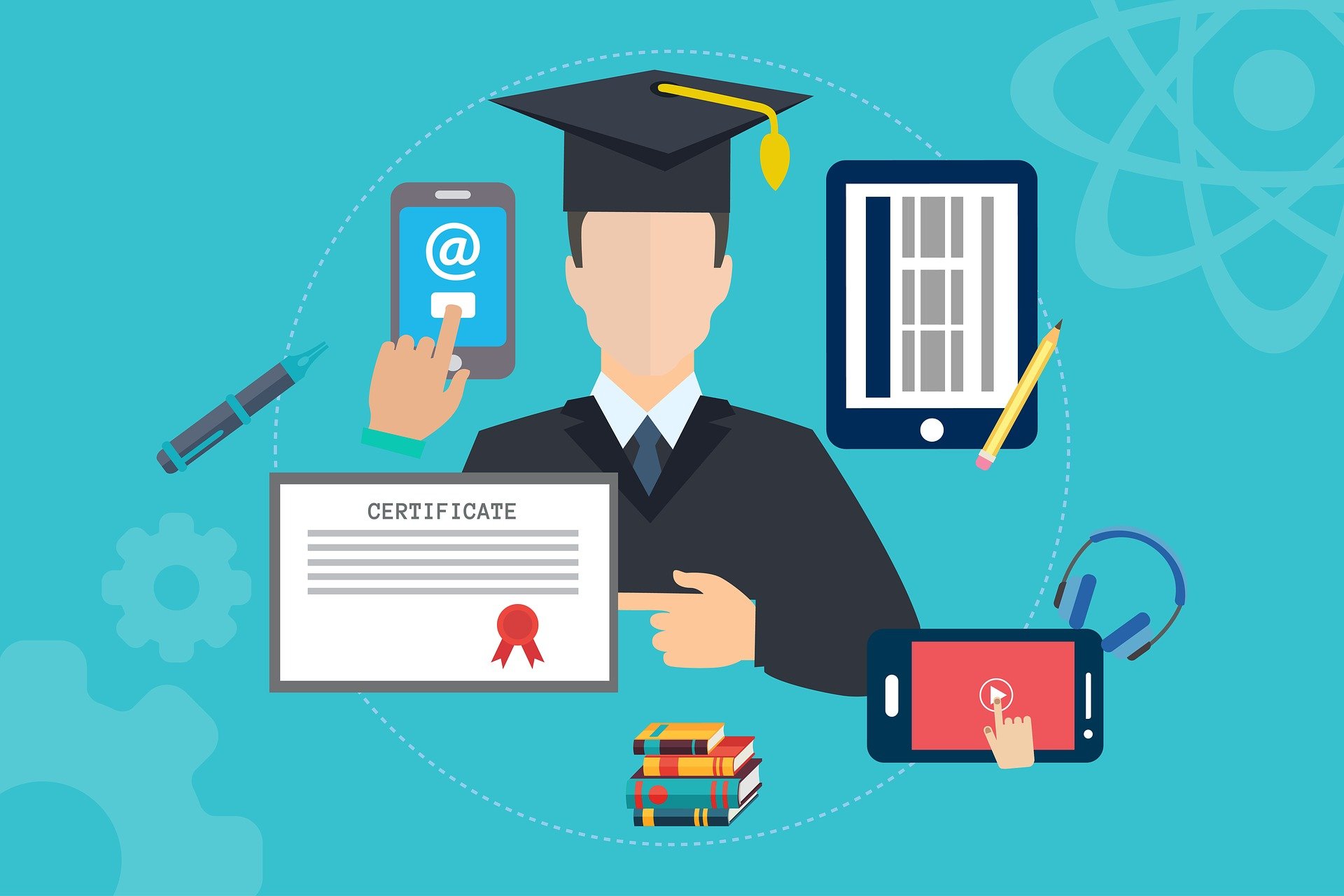 a teal background with an image of a graduate pointing to a certificate