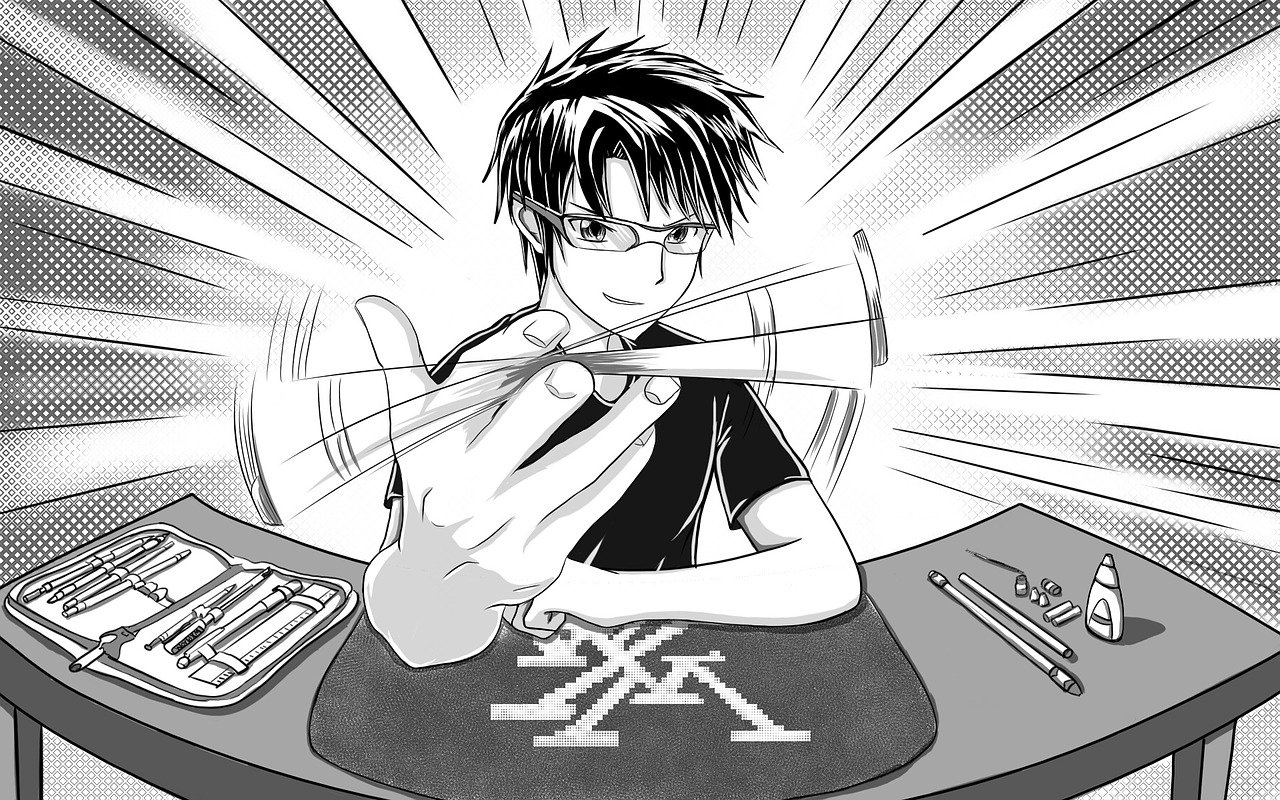 black and white anime drawing of a boy twirling a pen