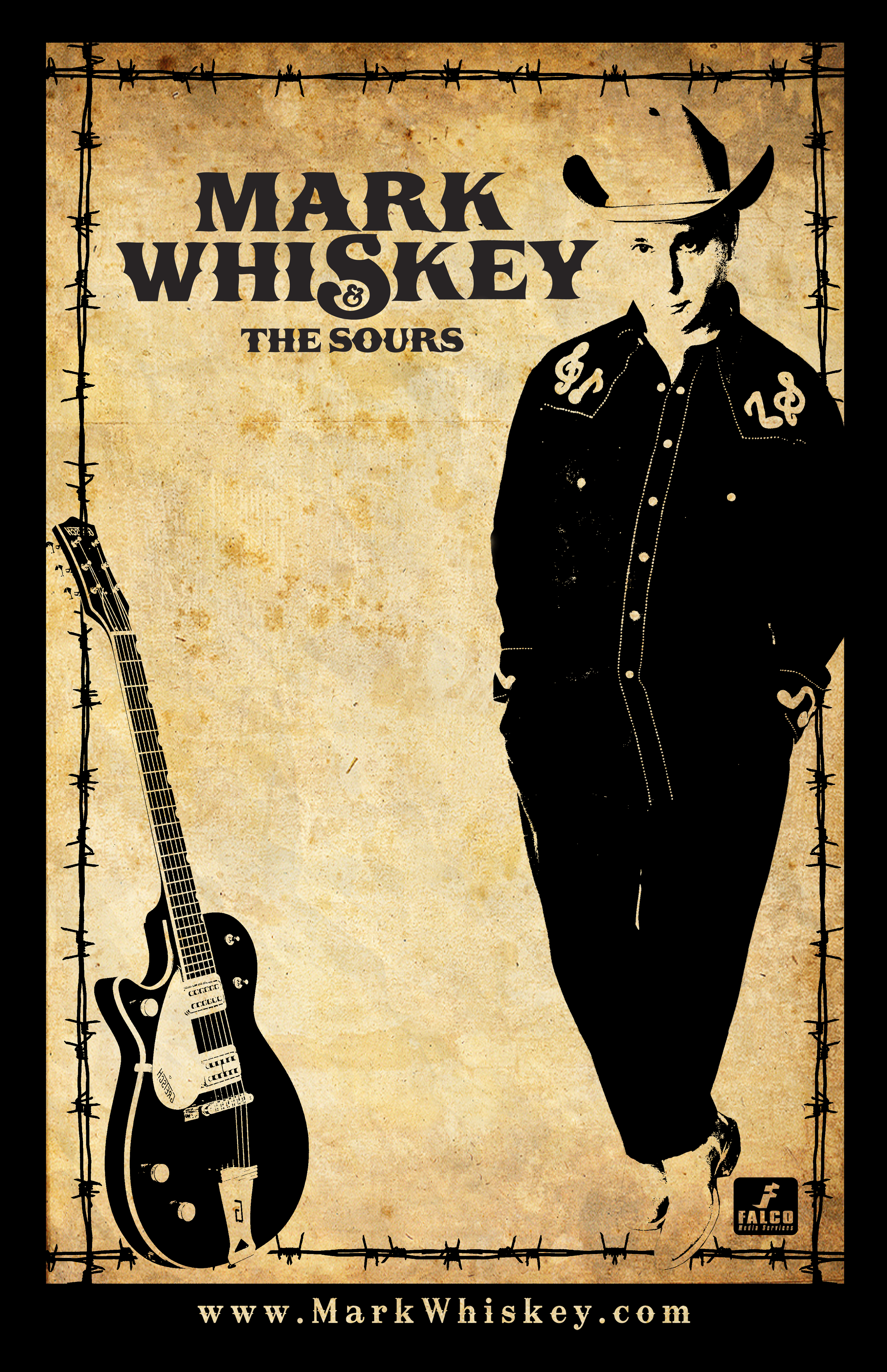 a vintage looking poster on a sepia background and with an image of the singer and his guitar in black