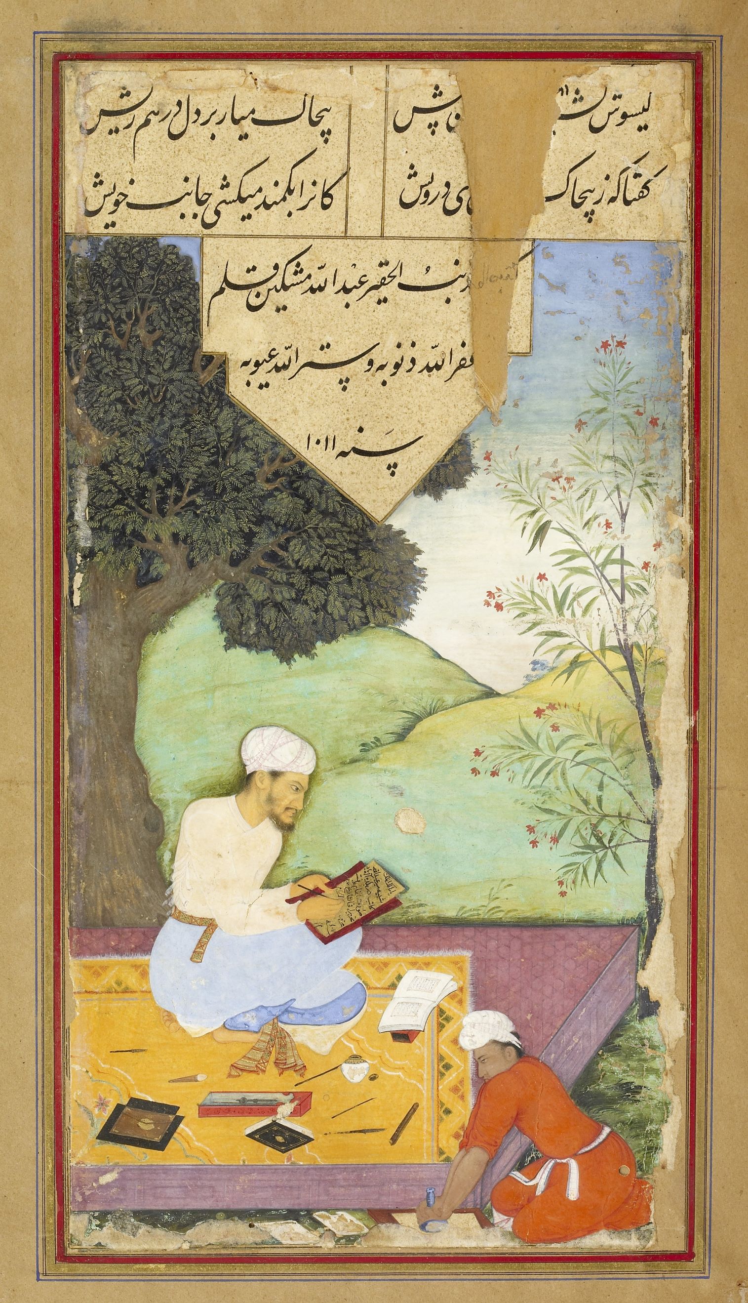 Portrait of the Scribe Mir 'Abd Allah Katib in the Company of a Youth Burnishing Paper, India (Allahabad),