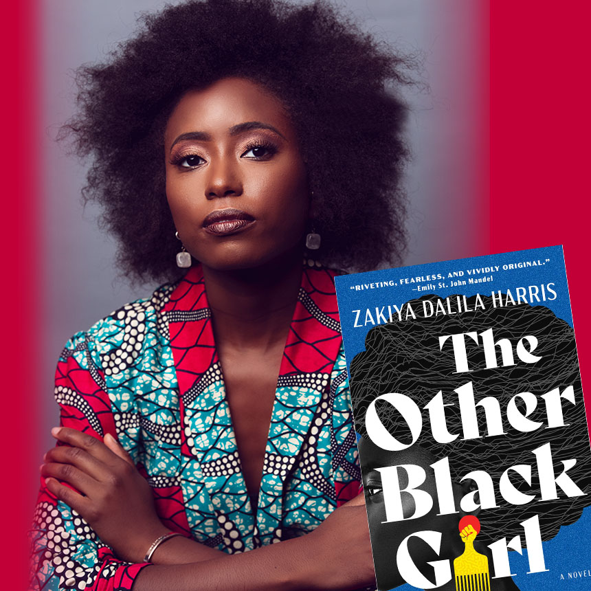 photograph of Zakiya Dalila Harris on a hot pink background with the cover of thebook The Other Black girl