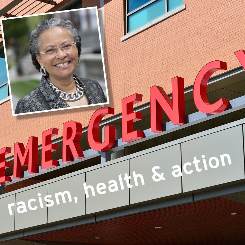 photo of Dr. Camara Jones inset over an emergency room sign 