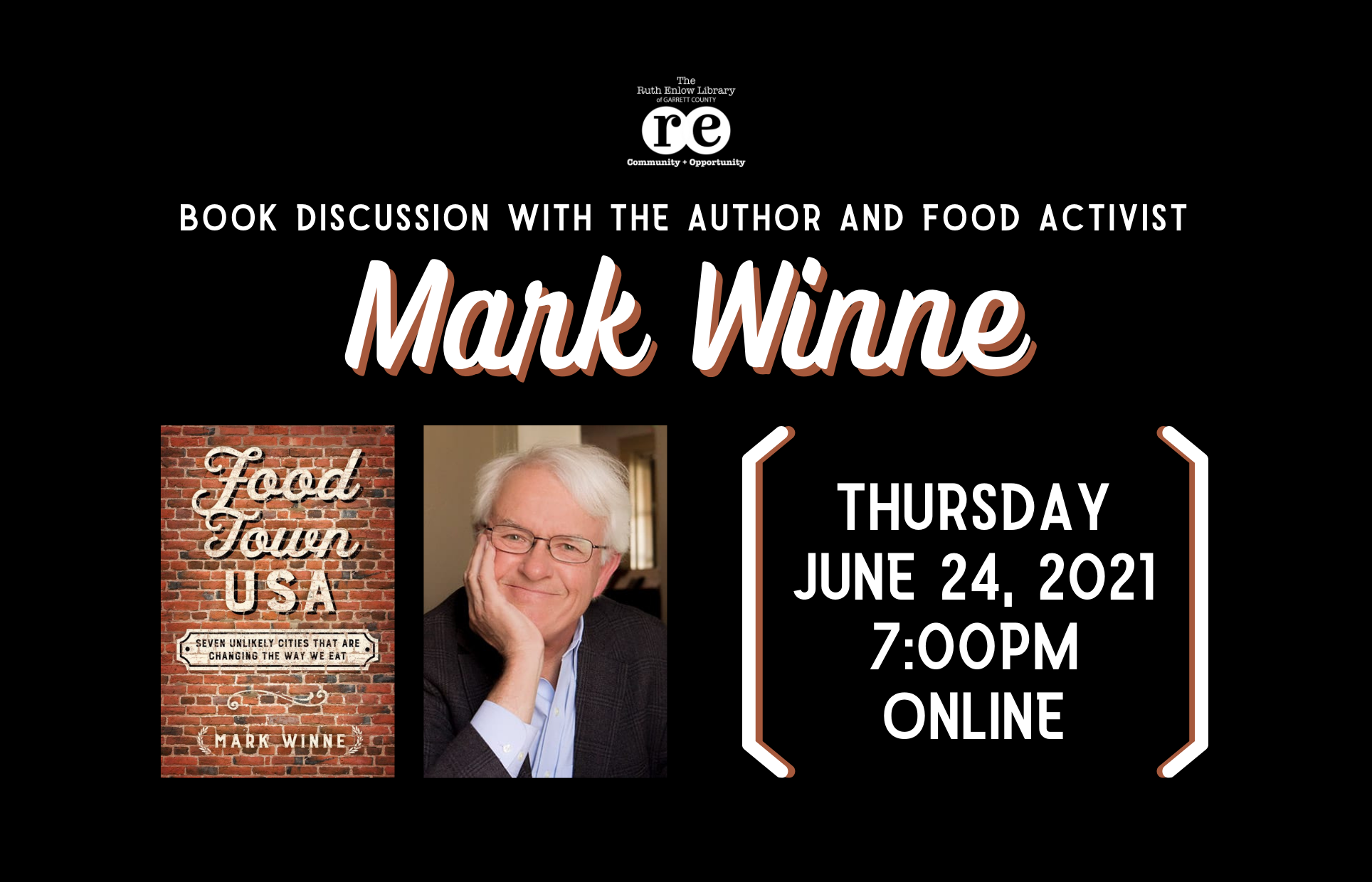 photo of mark winne next to book cover for food town usa over a black background