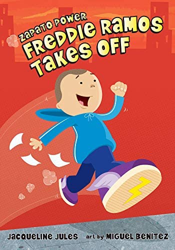 Cover of Zapato Power: Freddie Ramos Takes Off by Jacqueline Jules, showing a boy with brown hair and blue clothes taking a large step on a red background. His shoes are purple and have wings on them, and we can see a lightning bolt on the bottom of the front one as he steps.