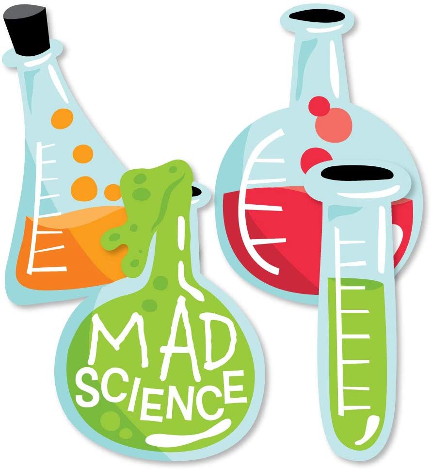 cartoon picture of beakers and test tube with "Mad Science" on a beaker