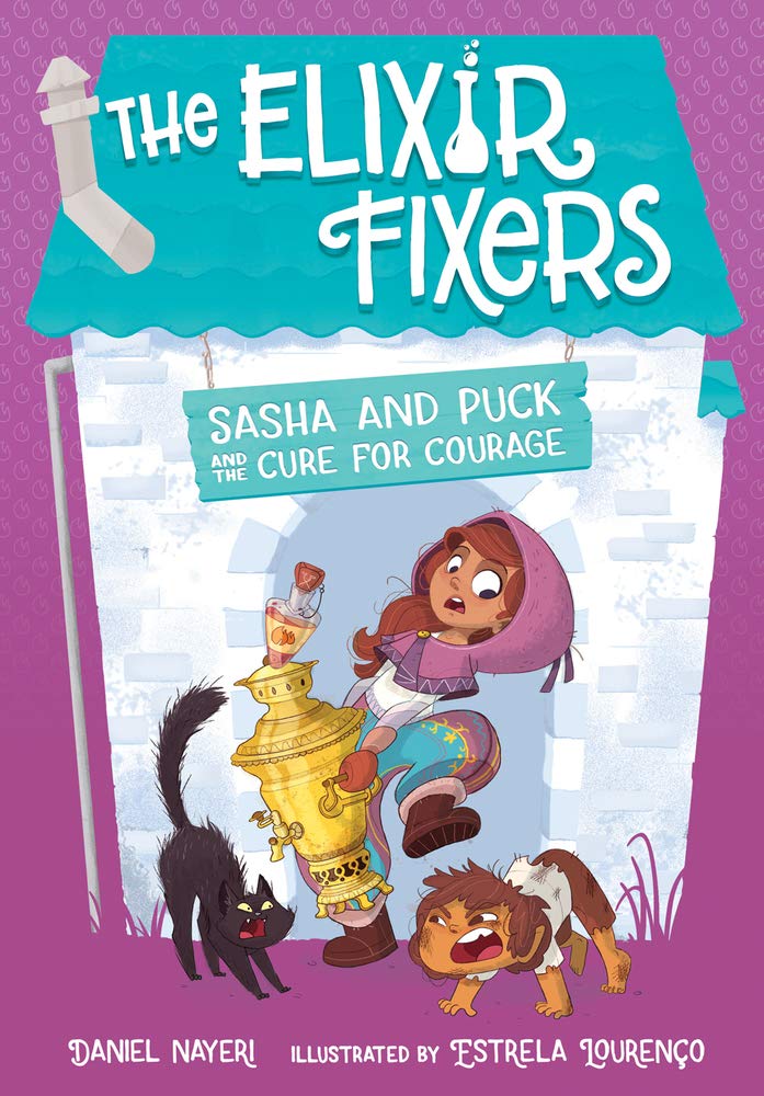 Cover of Sasha and Puck and the Cure for Courage by Daniel Nayeri, showing a girl with a purple headscarf and fur-lined boots lifting a heavy golden urn. A dirty, ragged-looking boy is crouched facing a black cat at the bottom.