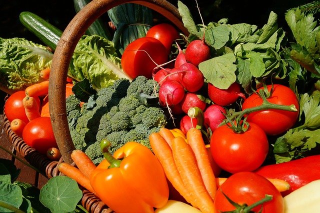 This image shows a variety of vegetables and produce including broccoli, carrots, bell peppers, tomatoes, radishes, cucumbers, and lettuce.
