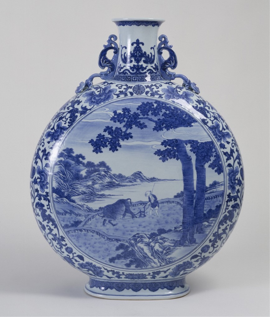 Round porcelain flask with a scenery in blue