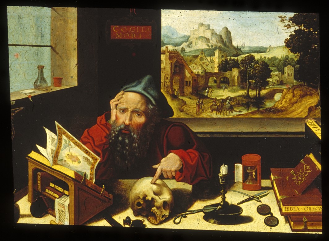 a painting of a bearded man sitting with a skull on his desk