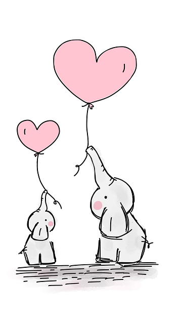 Baby elephant with parent holding heart-shaped balloons