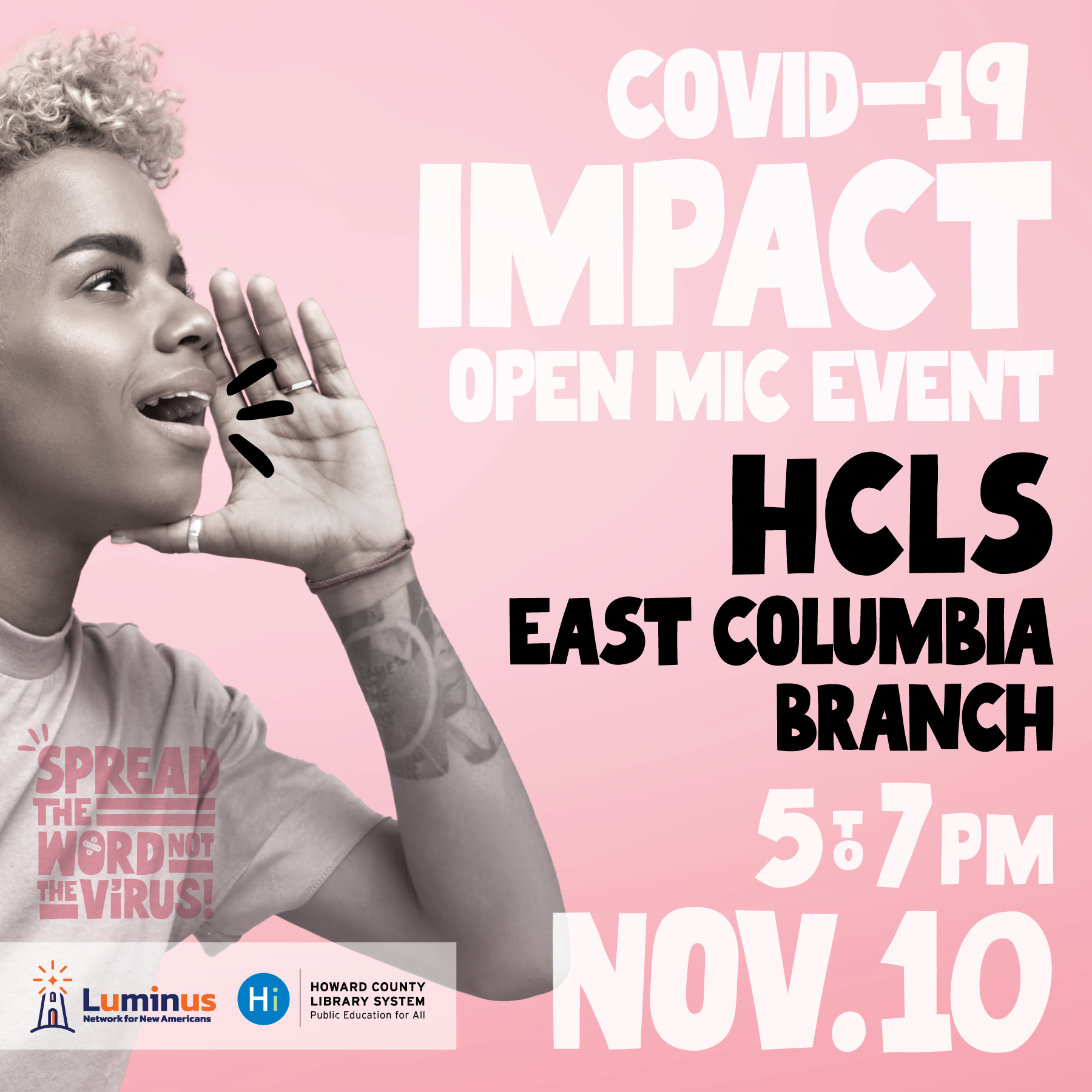 Covid-19 impact open mic event, hcls east columbia branch, 5 to 7 pm, nov 10