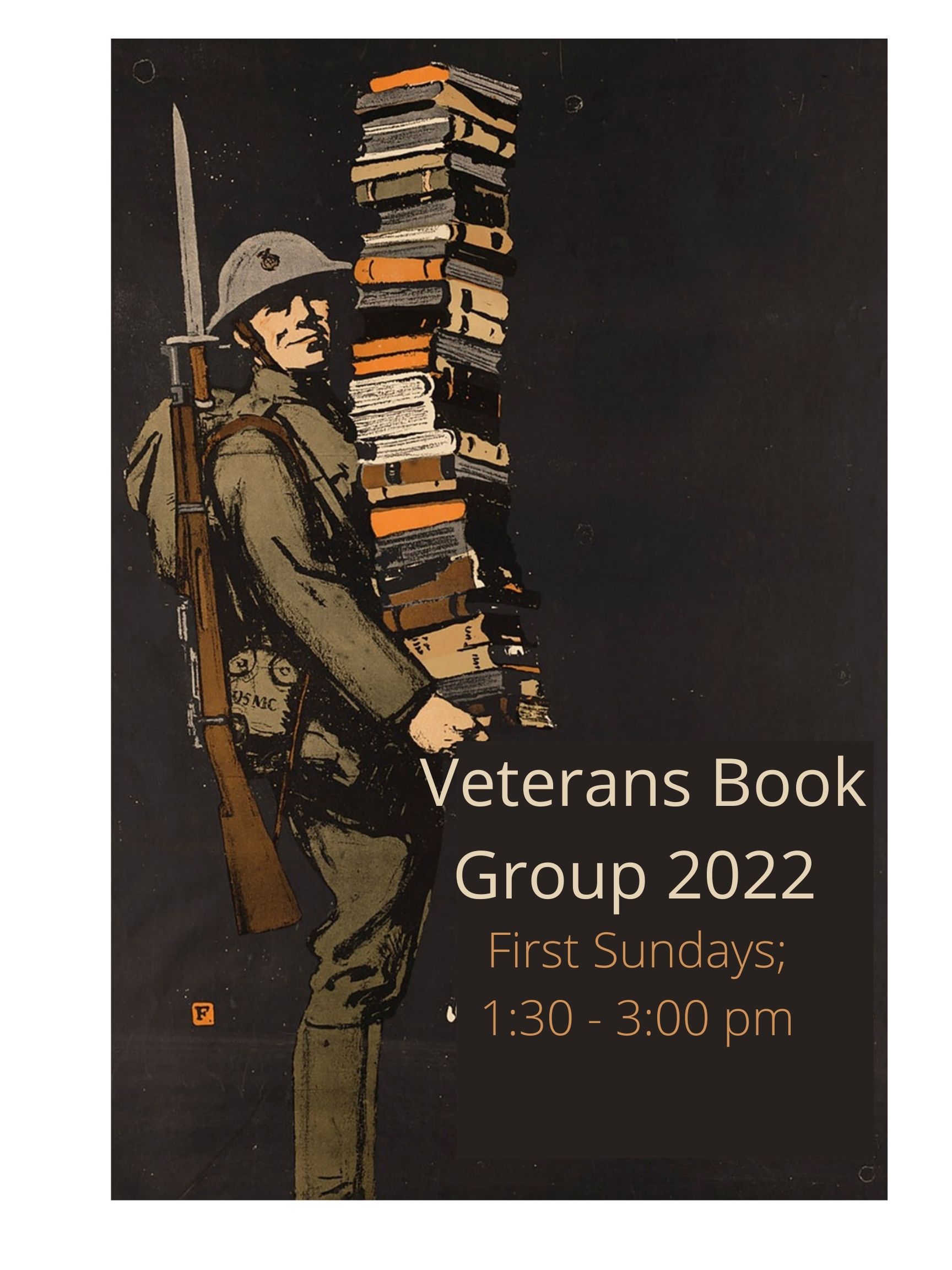 black background with a ww2 veteran, rifle slung over his shoulder, carrying a tower of books