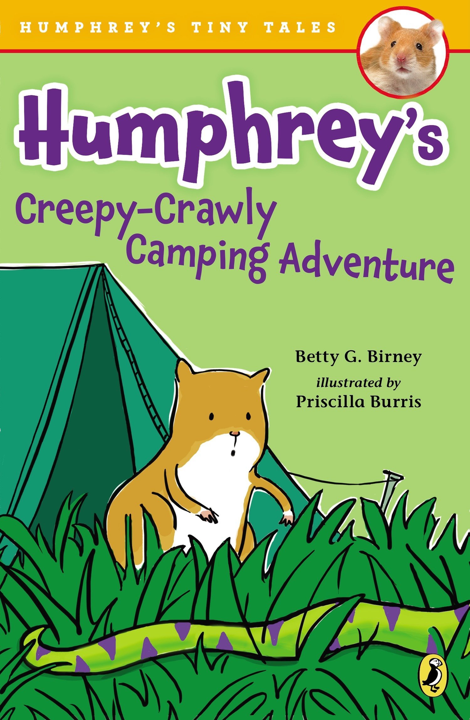 Cover of Humphrey's Creepy-Crawly Camping Adventure, showing a hamster in front of a green tent looking at a green snake in the grass.
