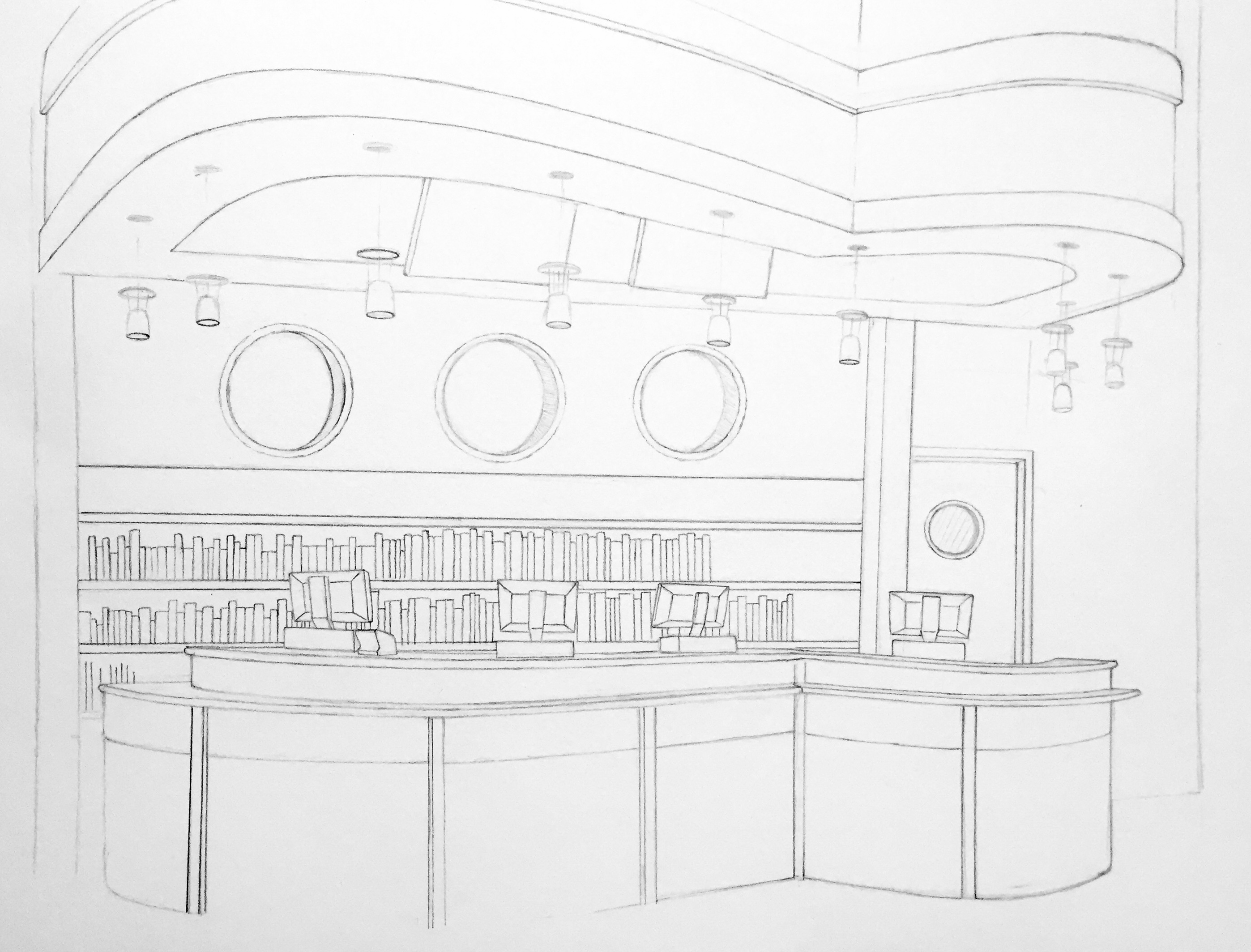 Front desk pencil drawing