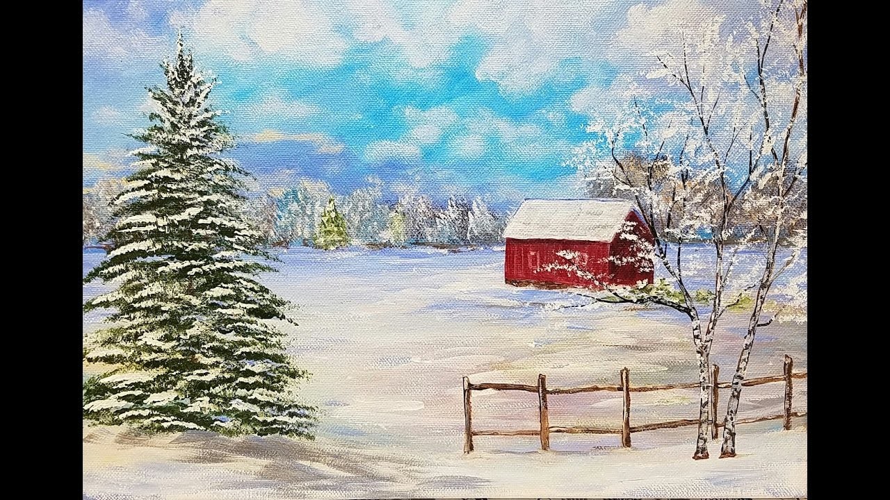 an acrylic painting of a snow covered landscape with evergreen trees and a red barn 