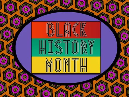 Black History Month against colorful background of purple and gold