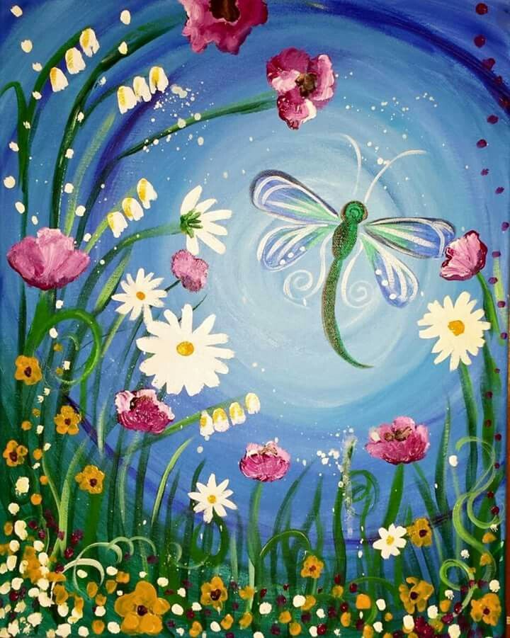 a painted scene of flowers and a dragonfly