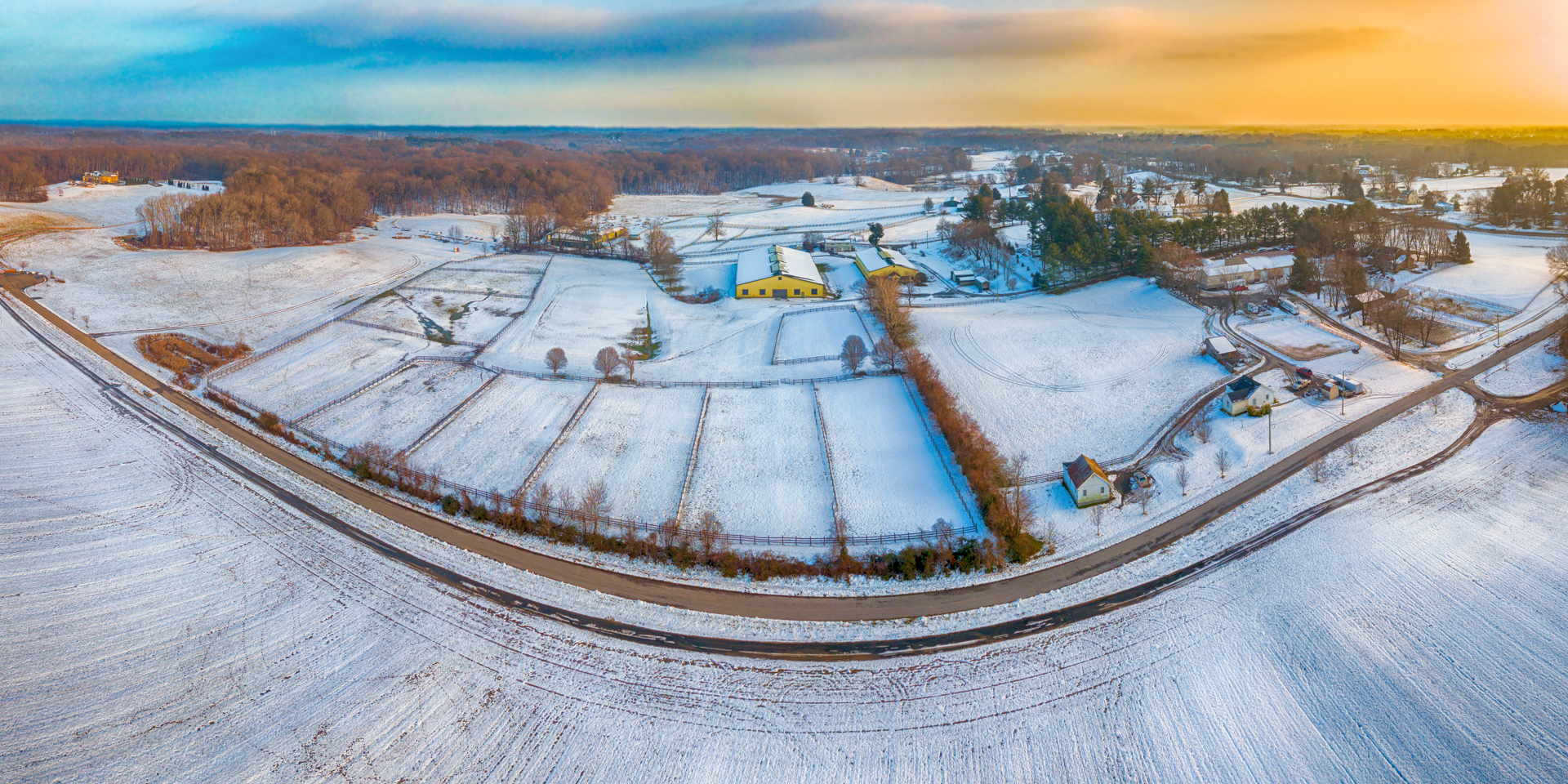 drone view of snow fields