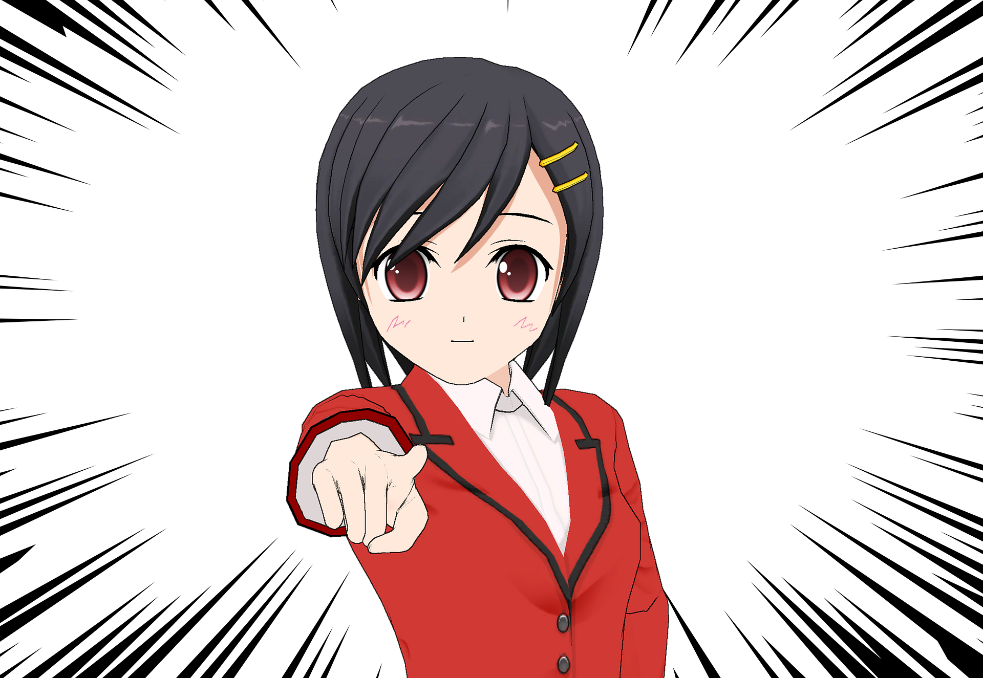 manga teen pointing at you, red shirt black hair