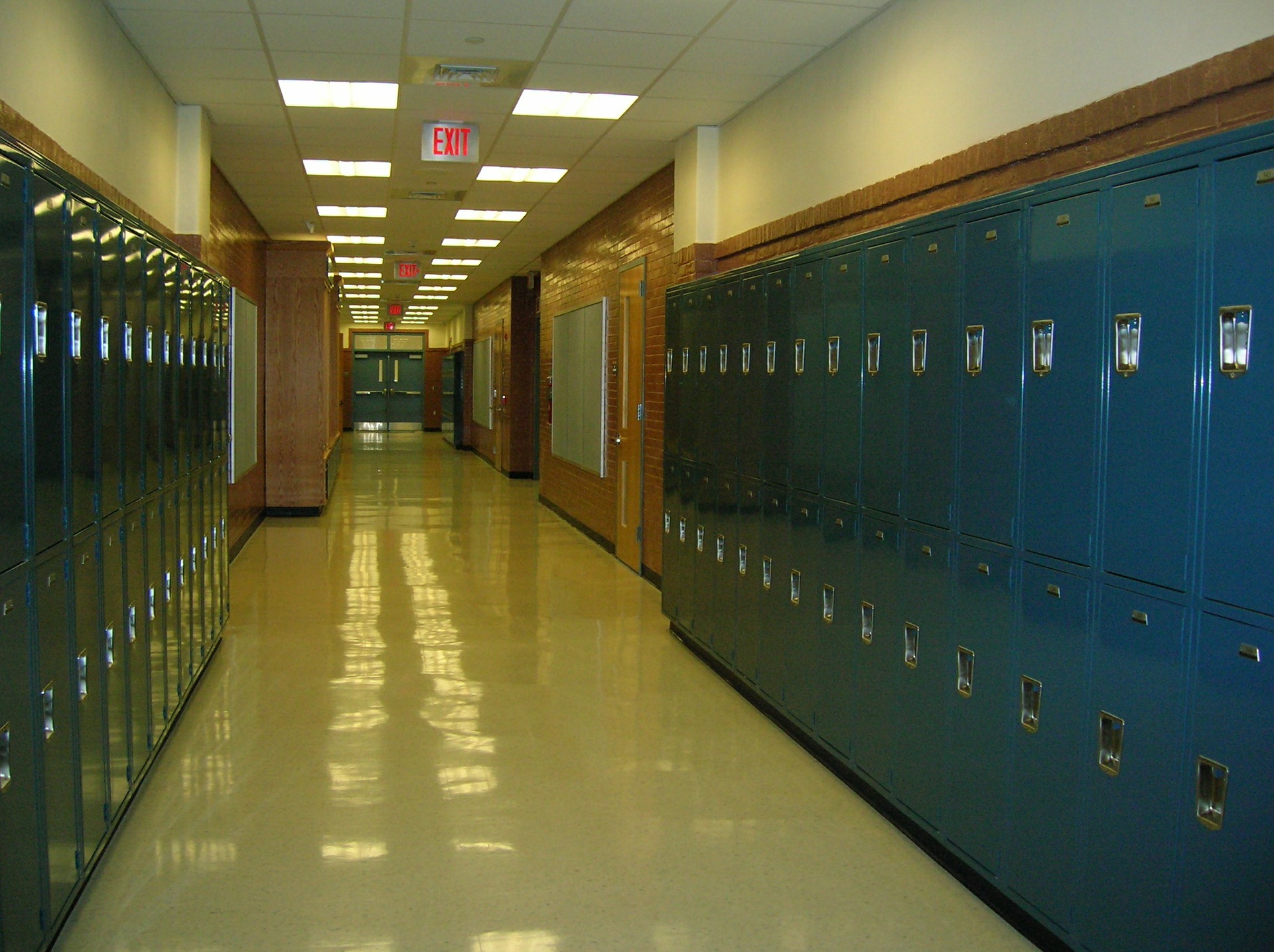 school hallway lines with lockers