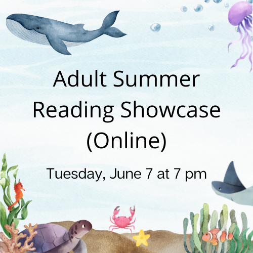 Logo of Adult Summer Reading Showcase featuring ocean scene.