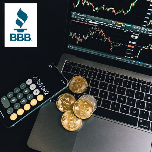 Better Business Bureau logo. Gold Bitcoins. Cell phone open to calculator app. Laptop open to cryptocurrency valuation graph.
