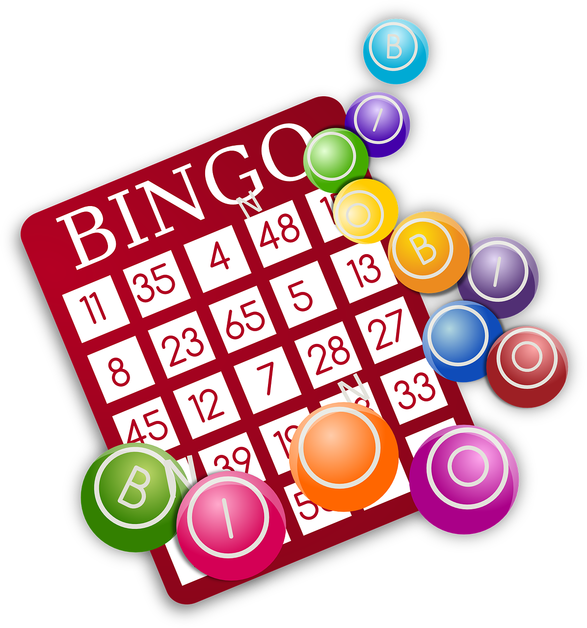 Red bingo card with multicolored bingo balls.