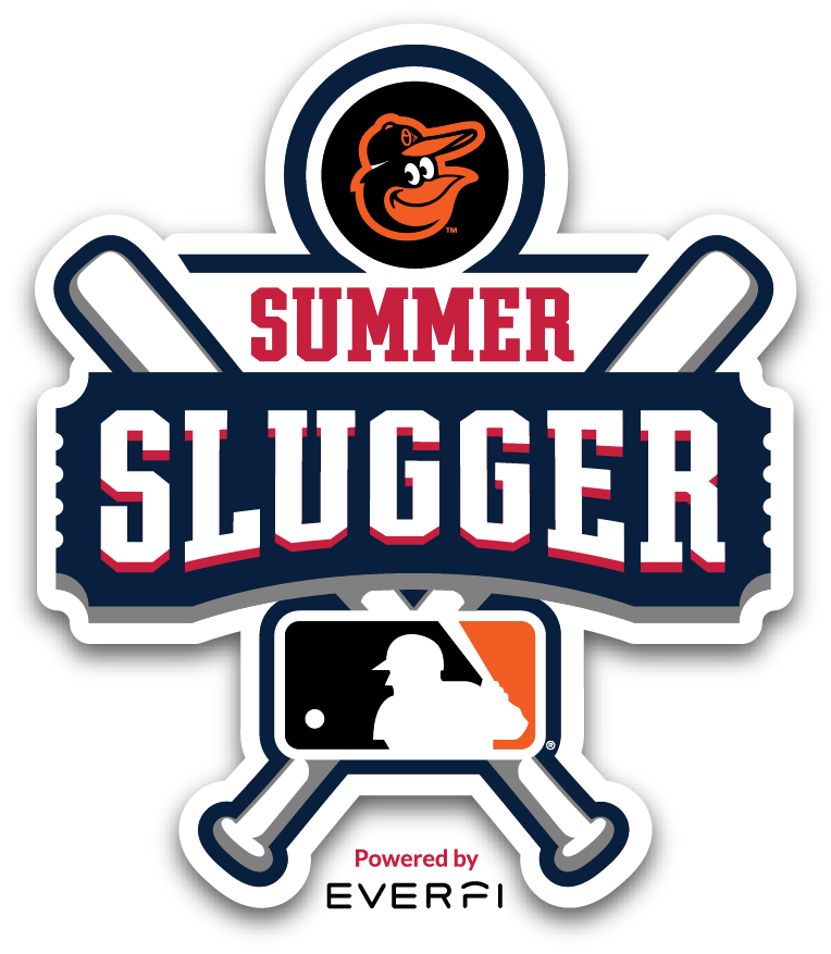 two baseball bats crossed in an x formation, with text overlapping "Summer Slugger Powered by Every" with the Baltimore Orioles Bird logo and the MLB logo
