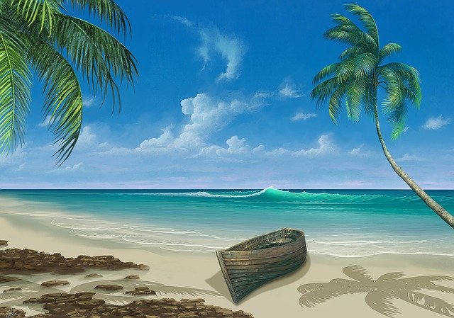 Beach painting with boat on shore and palm trees