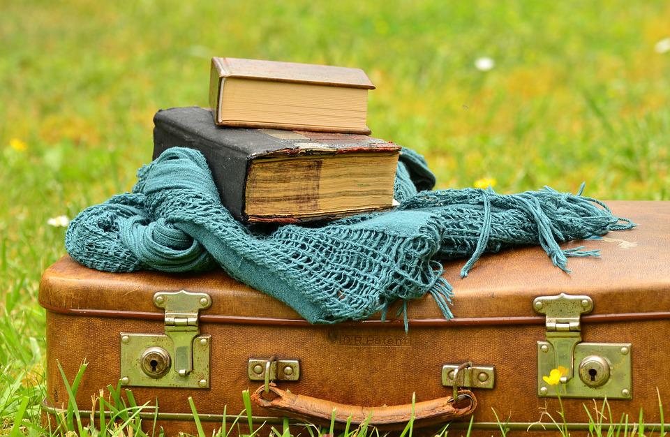 A brown leather suitcase rests in a green field with a turquoise blanket and old books resting on top of the suitcase.
