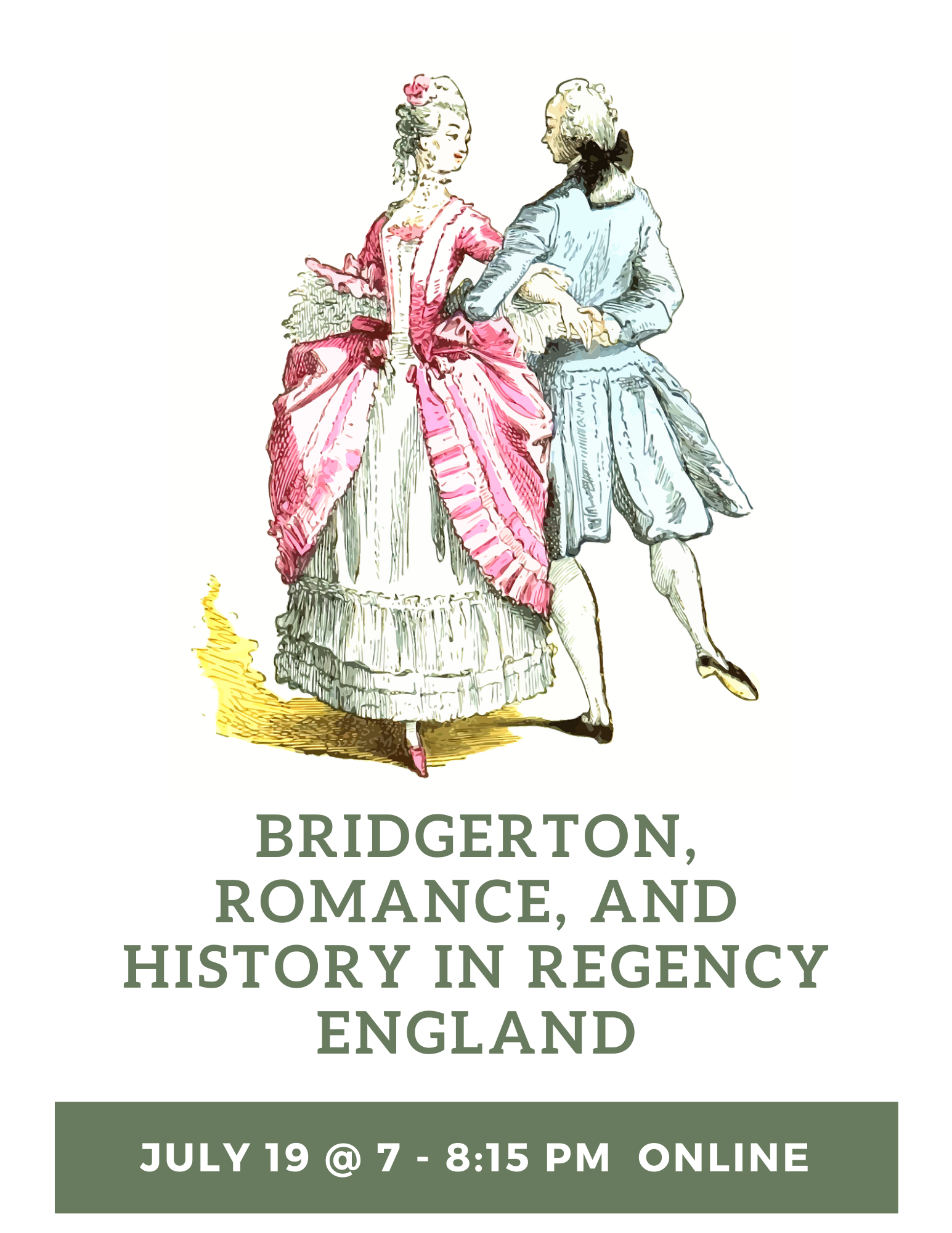 a colored pen and ink drawing of a couple waltzing in regency england