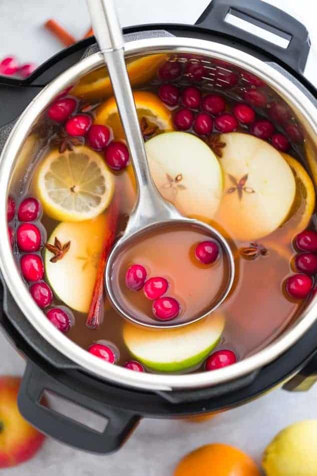 A ladle in a pot of apple cider with lemon, cranberry garnishes