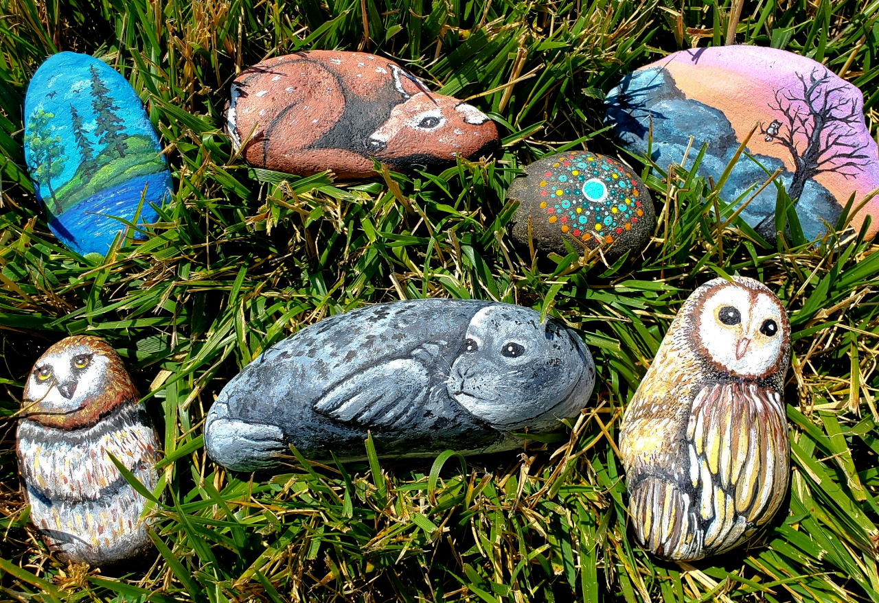 a selection of painted rocks sitting in the grass